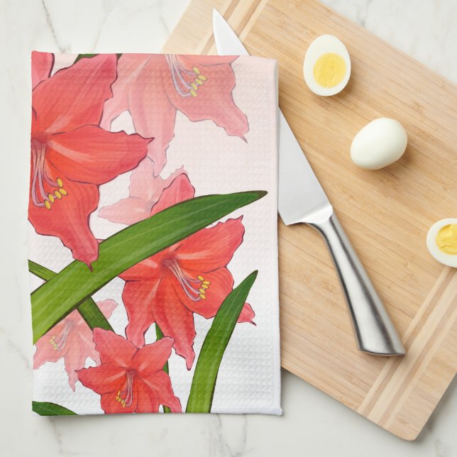 Red Amaryllis Flowers Tea Towel (Quarter Fold)