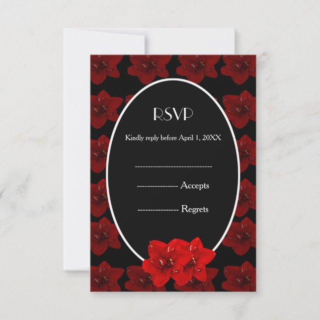 Red Amaryllis gold wedding RSVP Card (Front)
