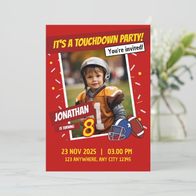 Red American Football Touchdown Kids Birthday Invitation (Standing Front)
