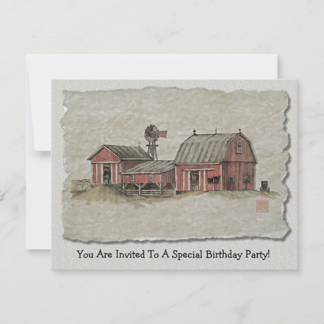 Red Amish Barn & Windmill Invitation (Front)