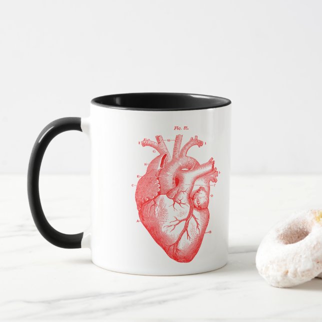 Red Anatomical Heart Vintage Art White Black Mug (With Donut)