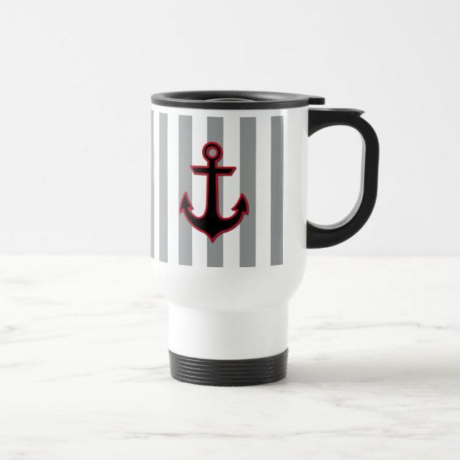 Red Anchor, Boat Anchor, Ship Anchor, Stripes Travel Mug (Right)