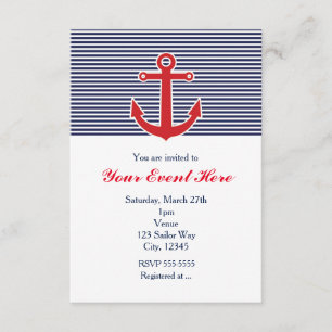 Red Anchor Nautical Blue & White Stripe Invitation