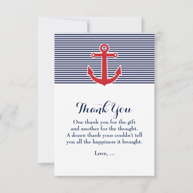 Red Anchor Nautical Blue & White Thank You Card (Front)