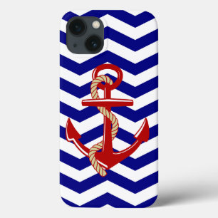 Red Anchor Nautical Chevron Stripes iPhone 13 Case