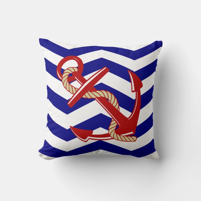 Red Anchor Nautical Chevron Stripes Cushion (Front)