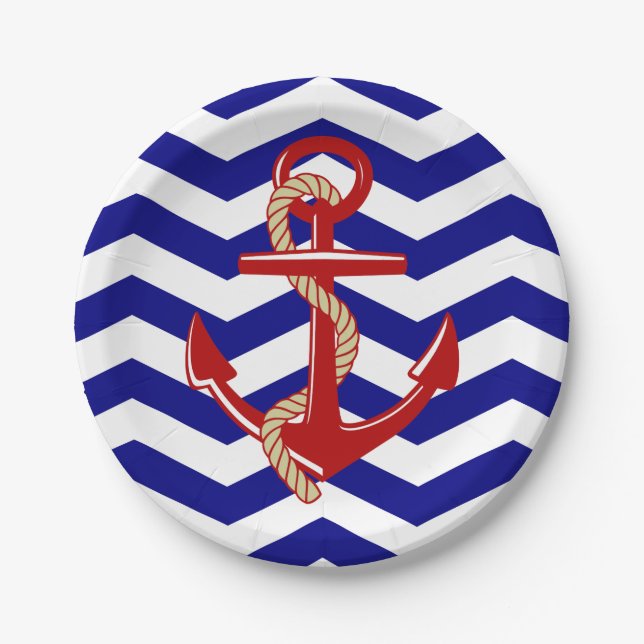 Red Anchor Nautical Chevron Stripes Paper Plate (Front)