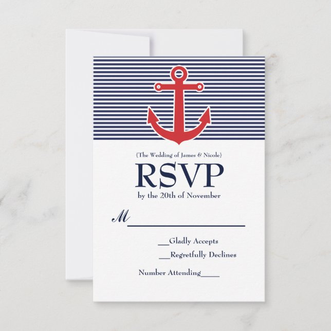 Red Anchor Nautical Striped RSVP Response Card (Front)
