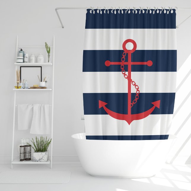 Red Anchor on Blue Stripes Shower Curtain (Creator Uploaded)
