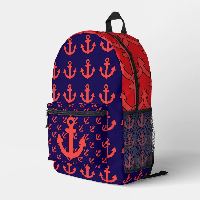 Red Anchor Repeat Red Blue   Printed Backpack (Back Corner Right)