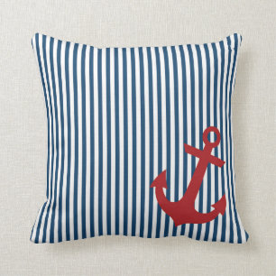 Red Anchor with Nautical Blue Salior Stripes Cushion