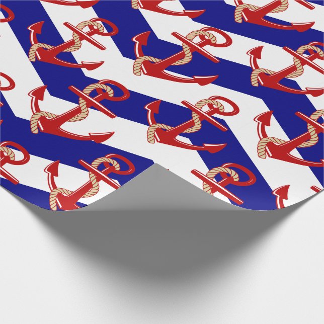 Red Anchors Nautical Chevron Stripes Pattern Wrapping Paper (Corner)
