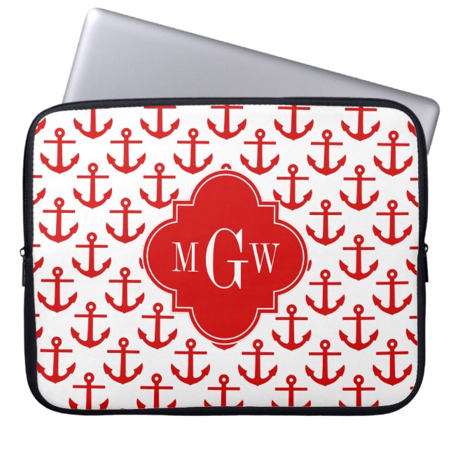 Red Anchors on White, Red 3 Initial Monogram Laptop Sleeve (Front)