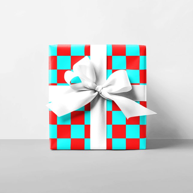 Red and Aqua Chequered Squares Wrapping Paper (Red and Aqua Checkered Squares Wrapping Paper)