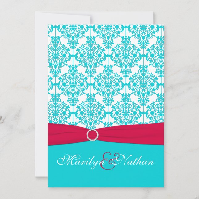 Red and Aqua Damask Wedding Invitation (Front)