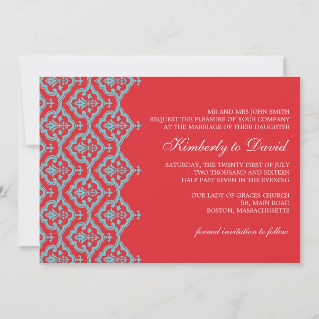 Red and Aqua Damask Wedding Invitation (Front)