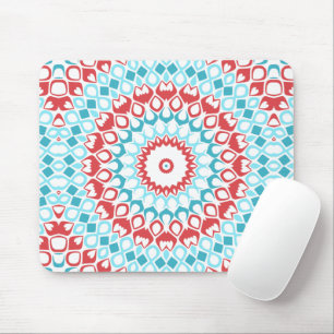 Red and Aqua Geometric Mandala Pattern Mouse Mat