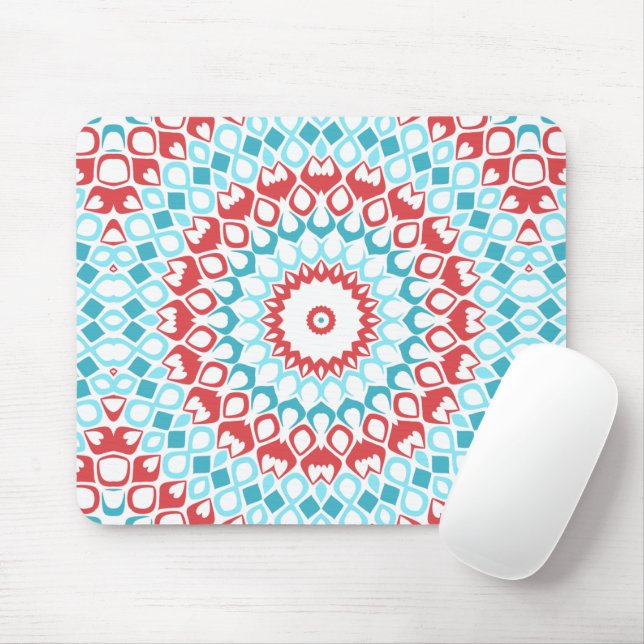 Red and Aqua Geometric Mandala Pattern Mouse Mat (With Mouse)