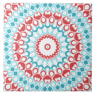 Red and Aqua Geometric Mandala Pattern Tile