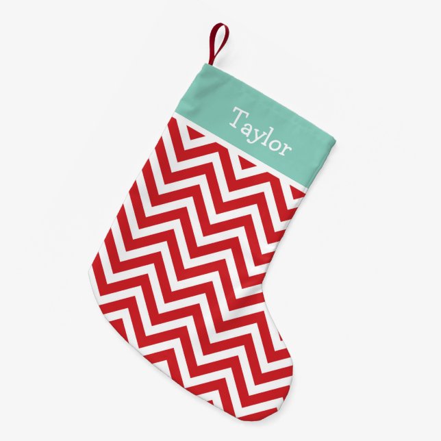 Red and Aqua Holiday Chevron Monogram Small Christmas Stocking (Front (Hanging))