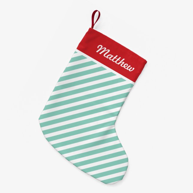 Red and Aqua Holiday Stripes Monogram Small Christmas Stocking (Front (Hanging))