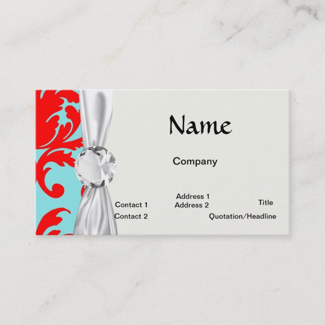 red and aqua lovely formal damask business card (Front)