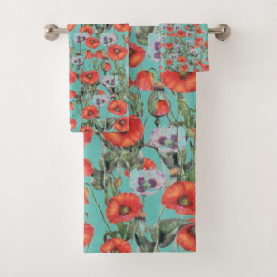 Red and Aqua Poppies Pattern  Bath Towel Set
