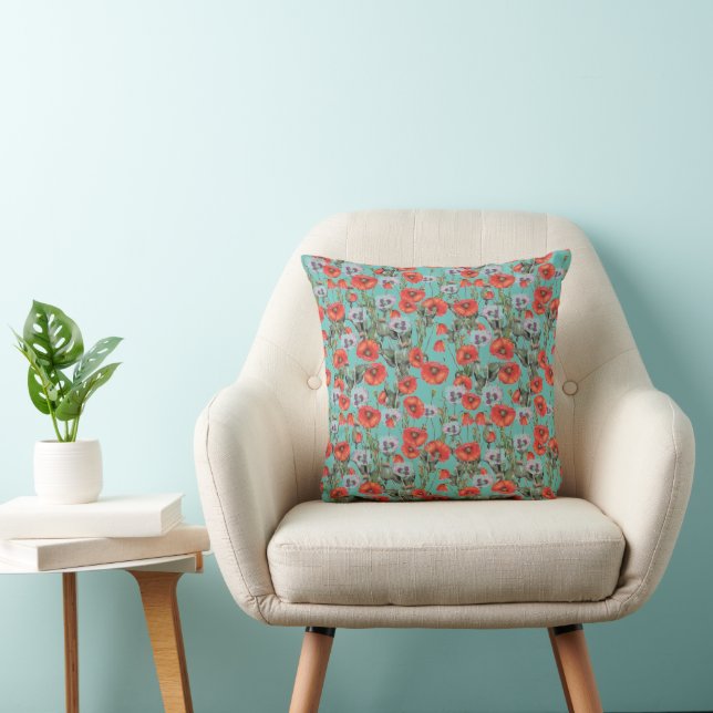Red and Aqua Poppies Pattern Cushion (Chair)