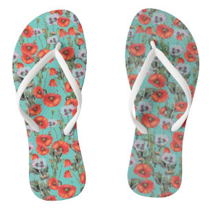 Red and Aqua Poppies Pattern   Flip Flops
