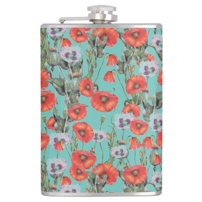 Red and Aqua Poppies Pattern  Hip Flask (Front)