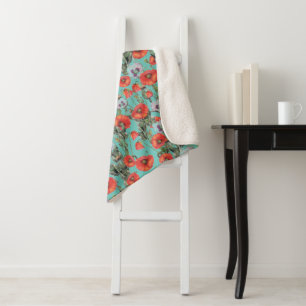 Red and Aqua Poppies Pattern  Sherpa Blanket