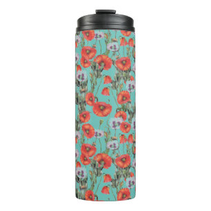 Red and Aqua Poppies Pattern Thermal Tumbler