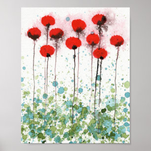 Red and Aqua Poppies, Watercolor Flowers Wall Poster