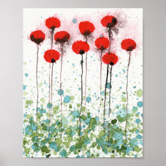 Red and Aqua Poppies, Watercolor Flowers Wall Poster