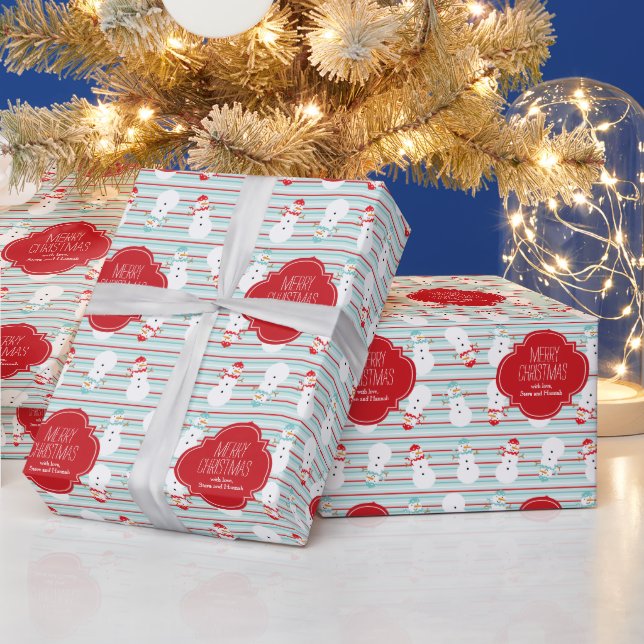 Red and Aqua Snowmen Personalised Holiday Wrapping Paper (Holidays)