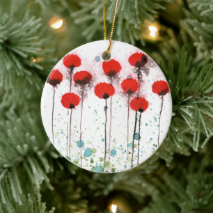 Red and Aqua Watercolor Flowers Ceramic Tree Decoration