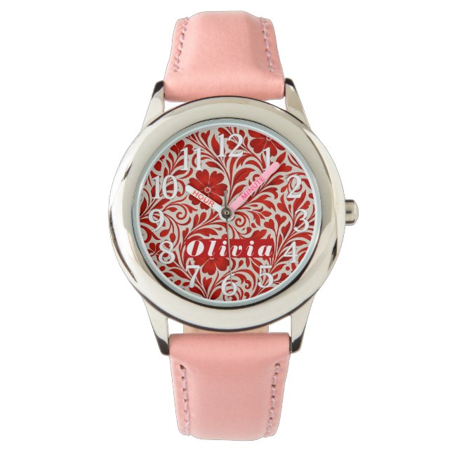 Red and Beige Bold Floral Pattern  Watch (Front)