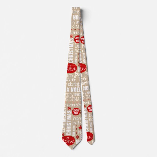 Red and Beige Christmas Sayings Languages Tie (Front)