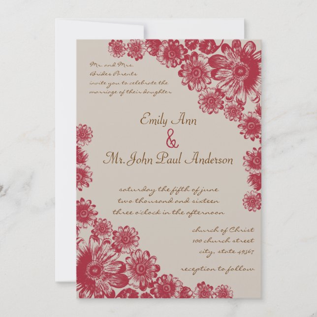 Red and Beige Daisy Wedding Invitations (Front)
