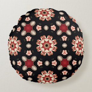 Red and Beige Geometric Floral Round Cushion