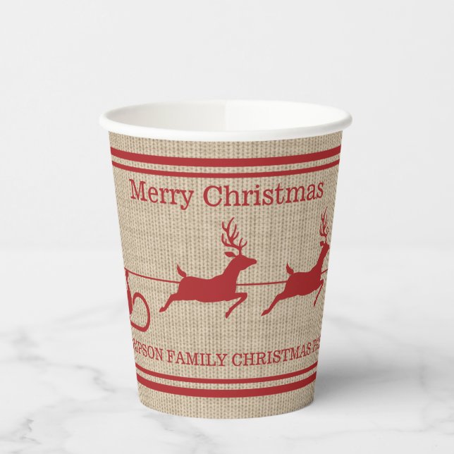 Red And Beige Santa Sleigh Christmas & Custom Text Paper Cups (Left)