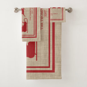 Red And Beige Santa Sleigh Christmas & Family Name Bath Towel Set