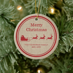 Red And Beige Santa Sleigh Christmas & Family Name Ceramic Tree Decoration
