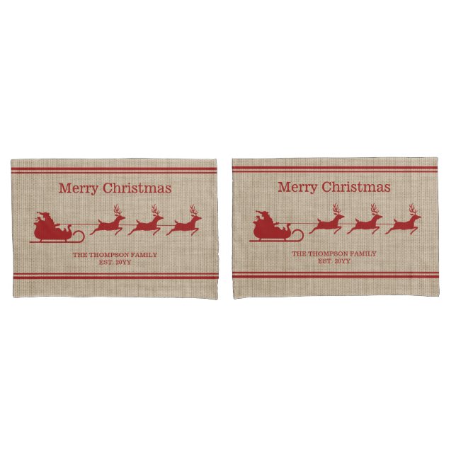 Red And Beige Santa Sleigh Christmas & Family Name Pillowcase (Front-Set)