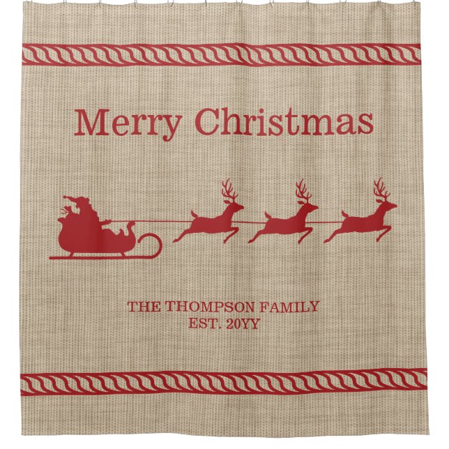 Red And Beige Santa Sleigh Christmas & Family Name Shower Curtain (Front)