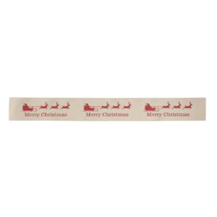 Red And Beige Santa Sleigh & Merry Christmas Text Satin Ribbon