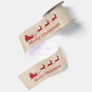 Red And Beige Santa Sleigh & Merry Christmas Text Satin Ribbon