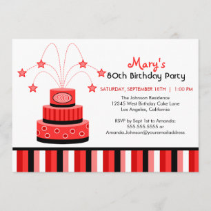 Red and Black 80th Birthday Cake Party Invitation