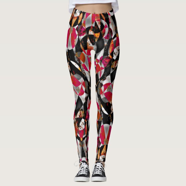 Red and Black Abstract Paattern Leggings (Front)