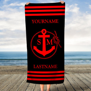 Red and Black Anchor Rope Personalised Beach Towel